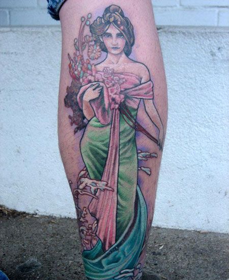 小腿上女神纹身图案
