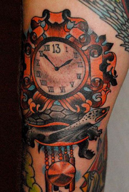 大腿乌龟背着钟表纹身图案