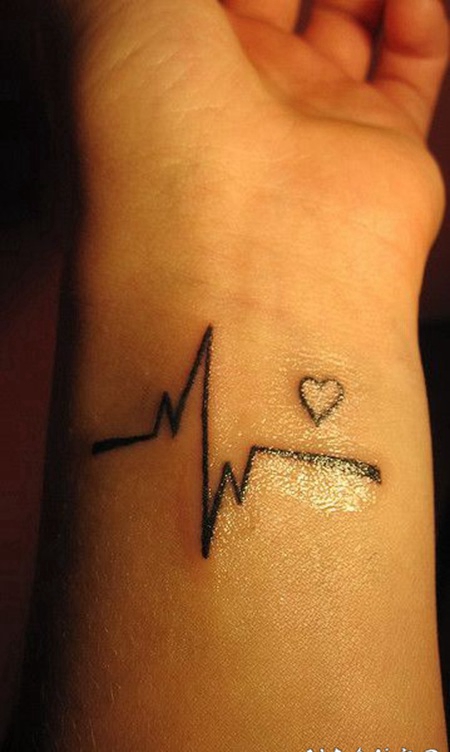 手腕黑色的心形心电图纹身图案