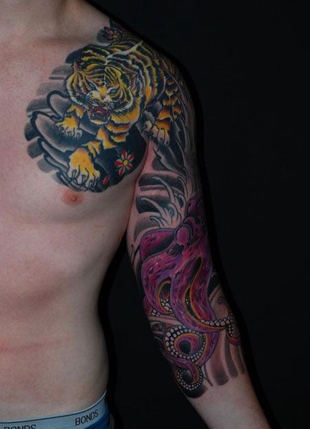 手臂老虎章鱼纹身图案