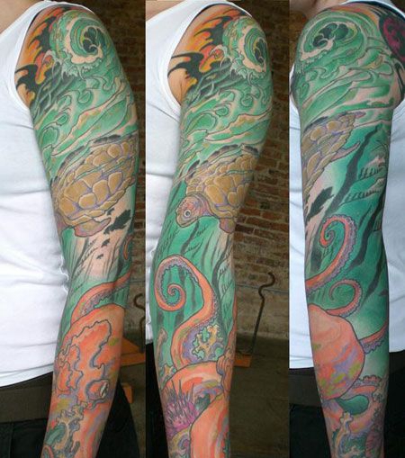 花臂乌龟章鱼海底世界纹身