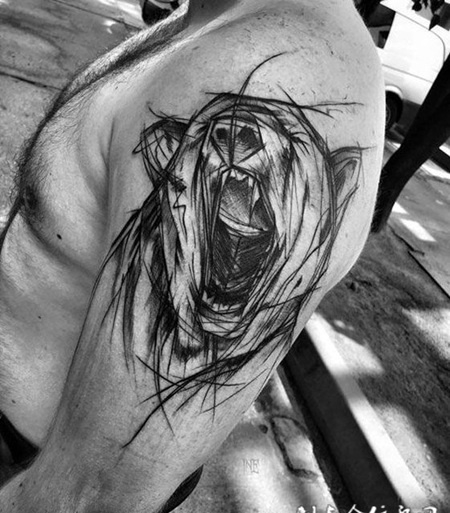 雄霸天下，手臂线条熊纹身图案