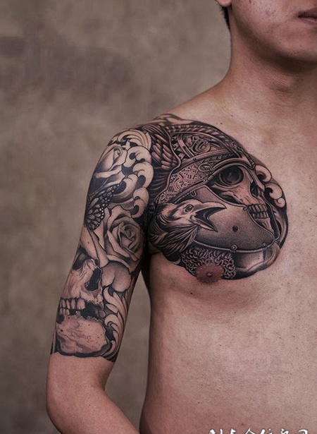 骷髅武士，半甲骷髅黑灰纹身图案