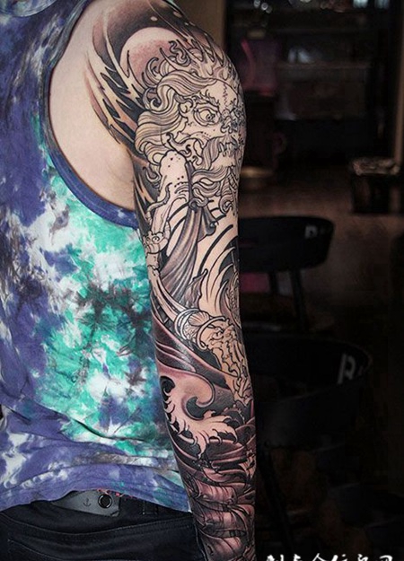 海神波塞冬拼接花臂纹身图案