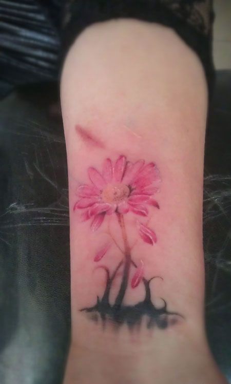 脚踝粉色向日葵纹身图案