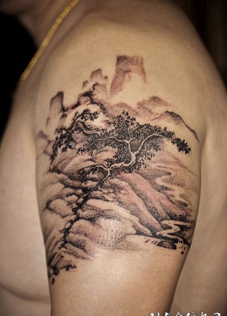 山路崎岖，手臂水墨风山水纹身图案