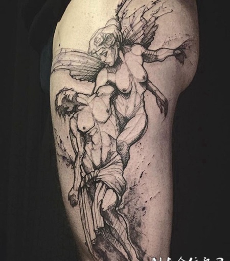 天使的救赎，大腿简约线条天使纹身
