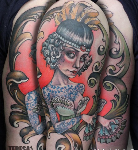 old school手臂彩色的女子肖像纹身图案