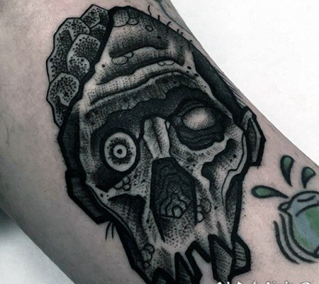 雕刻风格黑色的僵尸骷髅手臂纹身图案