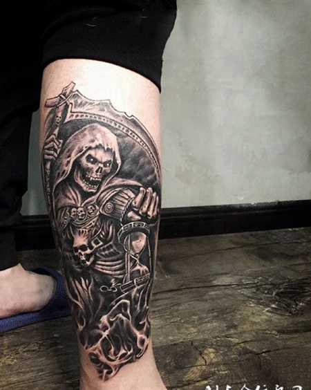 死神来了，腿部骷髅纹身图案