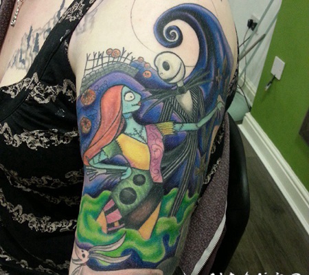 简单的彩色卡通僵尸新娘手臂纹身图案