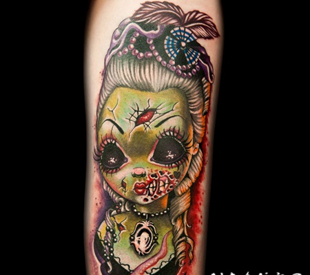 现代风格彩绘女僵尸手臂纹身图案