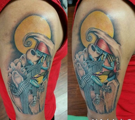 手臂彩色卡通接吻僵尸新娘纹身图案