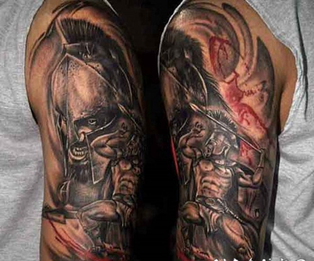 黑白愤怒的斯巴达战士手臂纹身图案