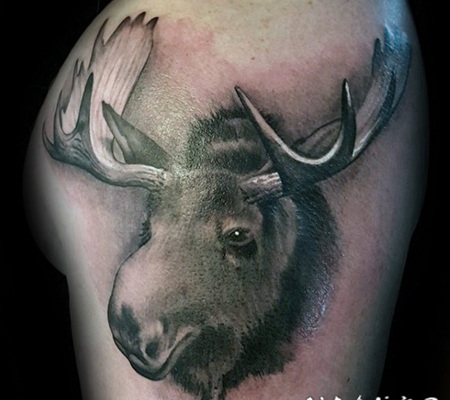 手臂黑白的麋鹿头部纹身图案