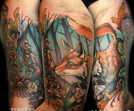 old school丰富多彩的狐狸和森林手臂纹身图案
