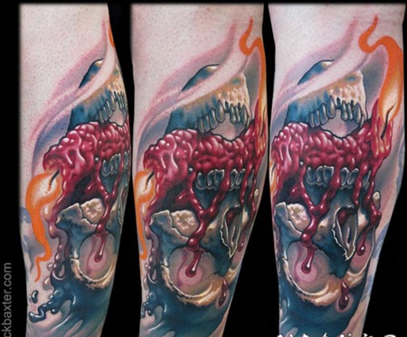 难以置信的彩色幻想骷髅和燃烧的蜡烛手臂纹身图案