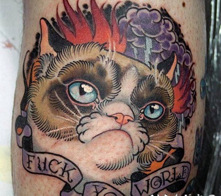 old school很酷的猫与火焰和闪电手臂纹身图案