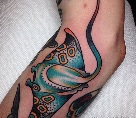 手臂卡通风格彩色的鳐鱼纹身图案