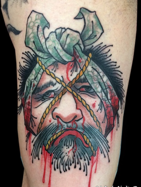 old school彩色的流血亚洲生首手臂纹身图案