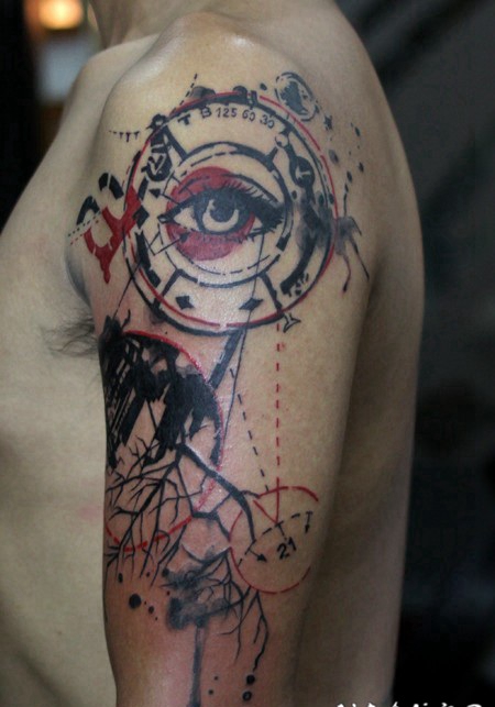 手臂眼睛和树元素泼墨线条纹身图案