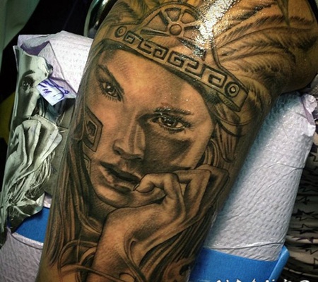 漂亮细致的美丽部落女性肖像手臂纹身图案