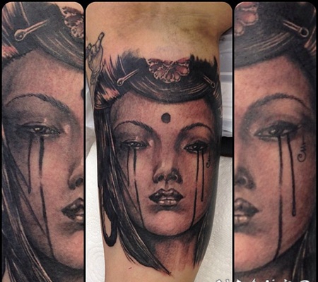 手臂黑色的亚洲女性肖像纹身图案