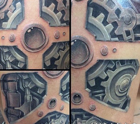 手臂彩色奇异的生物力学机械纹身图案