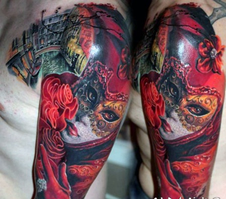 new school蒙面女性与玫瑰城市景观手臂纹身图案