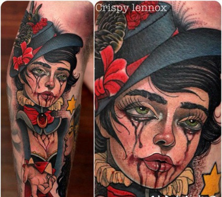 old school彩色的哭泣女人肖像手臂纹身图案