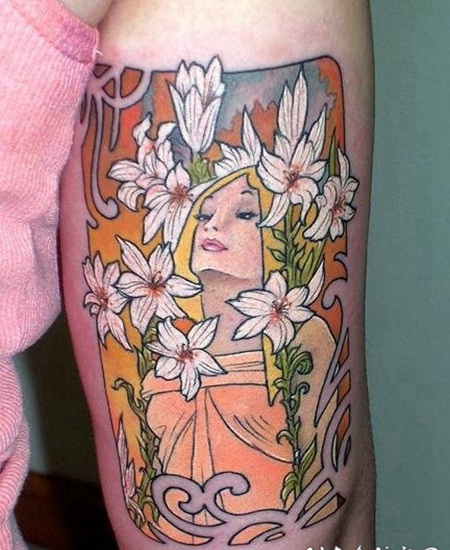 手臂彩色女性与百合花纹身图案