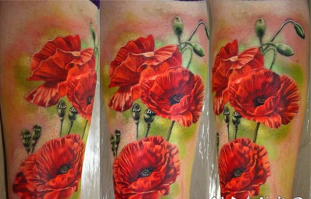 写实风格的彩色罂粟花手臂纹身图案