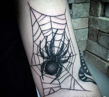 手臂中等大小的蜘蛛网黑色纹身图案
