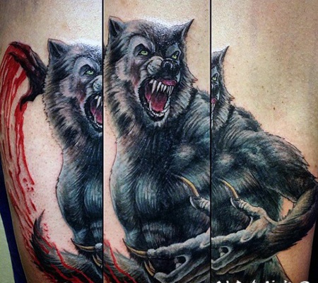 惊艳的插画风格血腥狼人手臂纹身图案