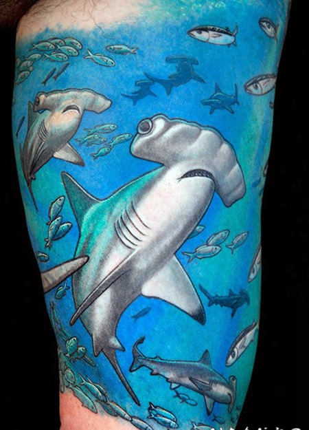 手臂彩色的各种鲨鱼和鱼类纹身图案