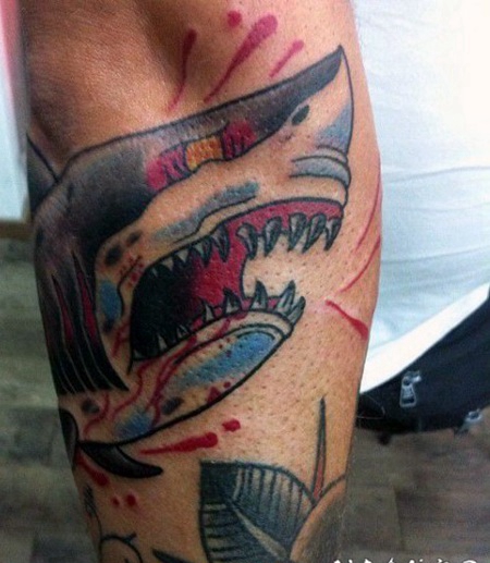 old school彩色鲨鱼头部手臂纹身图案