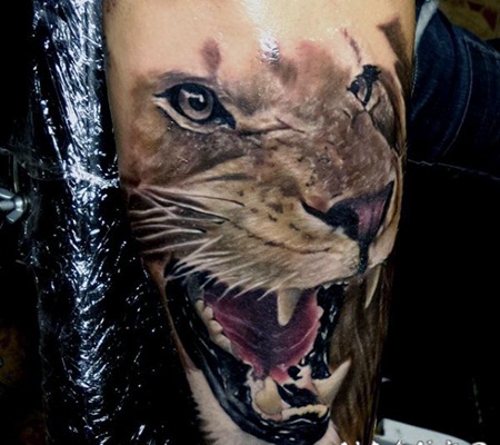 手臂写实风格的彩色狮子头纹身图案