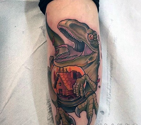 new school彩色的恐龙和森林房子手臂纹身图案
