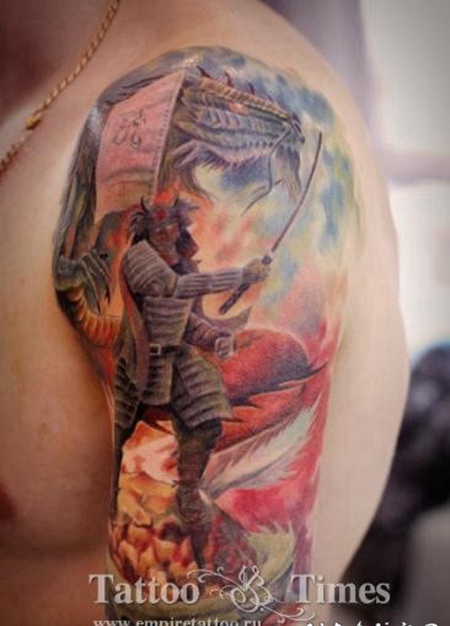 大臂插画风格的恶魔战士和龙纹身图案