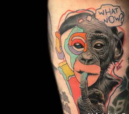 插画风格彩色可爱的猴子和字母手臂纹身图案