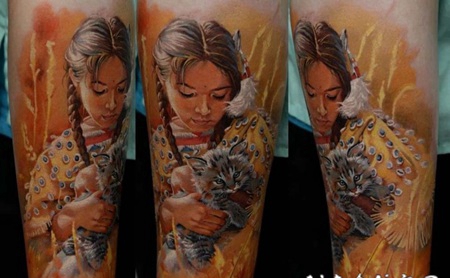 new school彩色印度女孩与小猫手臂纹身图案