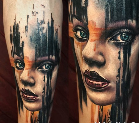 手臂现代传统彩色女性肖像纹身图案
