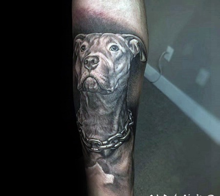 手臂写实风格的狗和铁链纹身图案