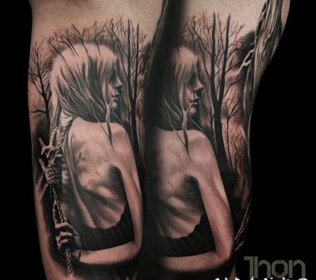 可怕的黑色女性与绳子手臂纹身图案