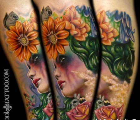 new school彩色的女人花朵和小动物手臂纹身图案
