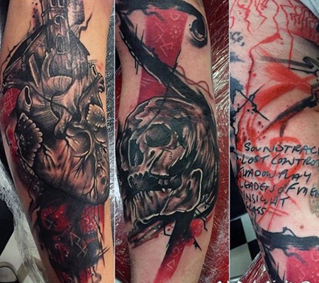 手臂彩色的心脏和字母骷髅个性纹身图案