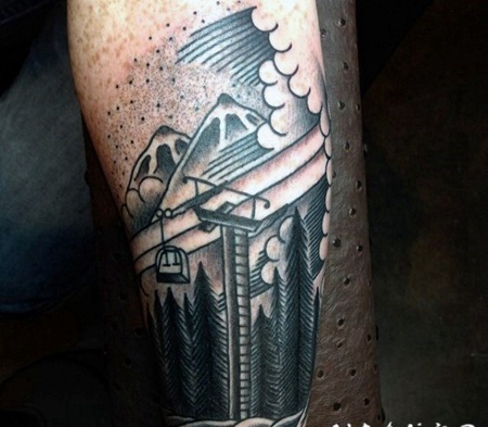 雕刻风格黑色的森林与山脉手臂纹身图案