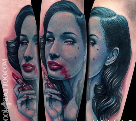 new school彩色血腥女子手臂纹身图案