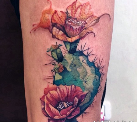 美丽的彩色仙人掌花朵手臂纹身图案