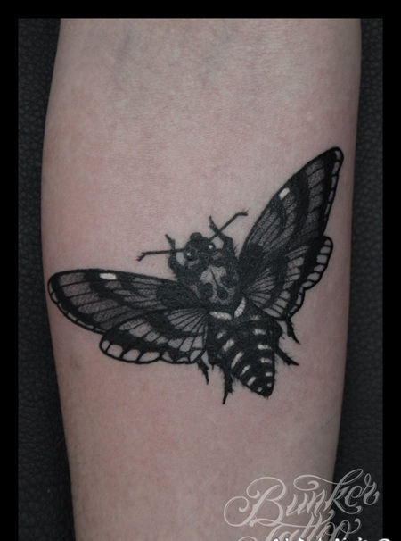 写实风格黑色飞蛾与骷髅手臂纹身图案